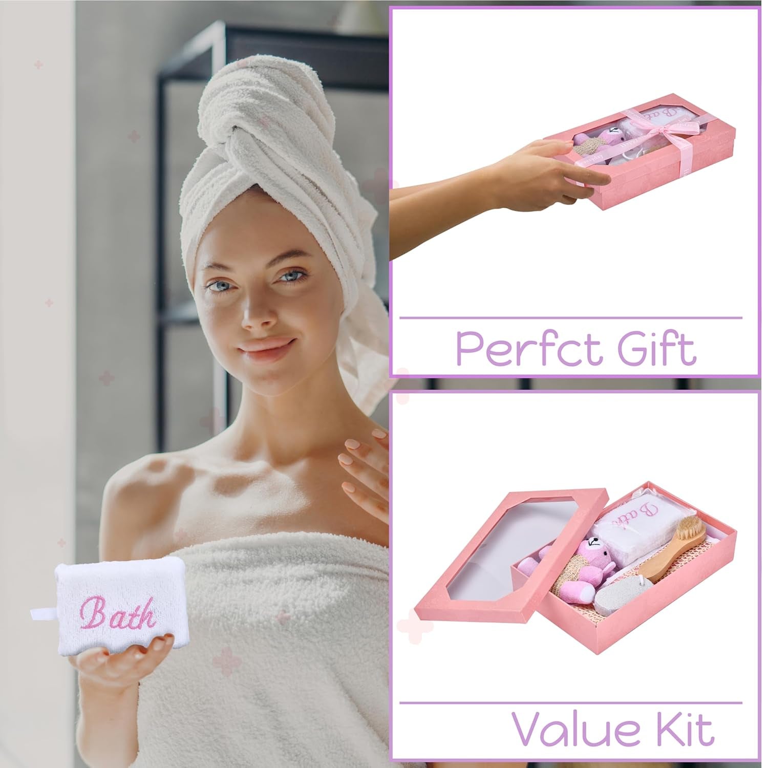 Bath Gift Box - 5-Piece - Toiletries Gift Baskets for Self-Care - 9.8X4 Inch - Shower Body Wash Kit - Complete Hygiene Care Package with Brush, Pumice Stone, and 2 Sponges (Bear) - Pink - Timeless Beauty