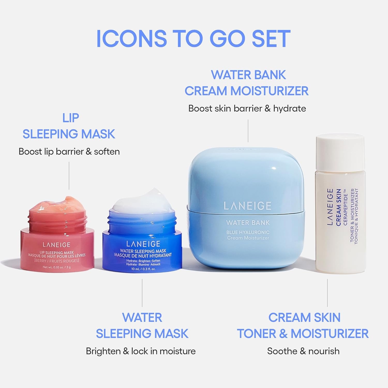 Icons to Go Set: Cream Skin, Water Bank Cream, Lip Sleeping Mask, Water Sleeping Mask, Travel Size, Full Size, Hydrate, Barrier-Boosting - Timeless Beauty