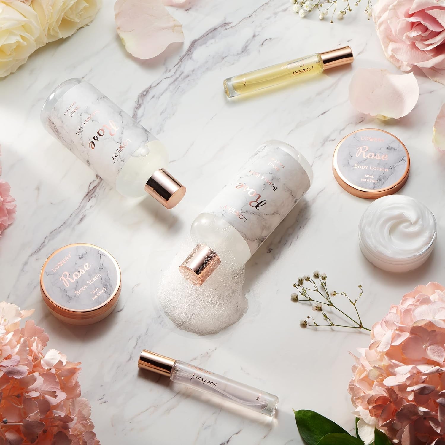 Christmas Gifts for Mom, Daughter Self Care Gifts for Women, Luxe 16Pc Rose Bath and Body Home Spa Set, Relaxation Bath Gift Basket for Birthday Pampering with Perfumes, Acne Kit, Lotions & More - Timeless Beauty