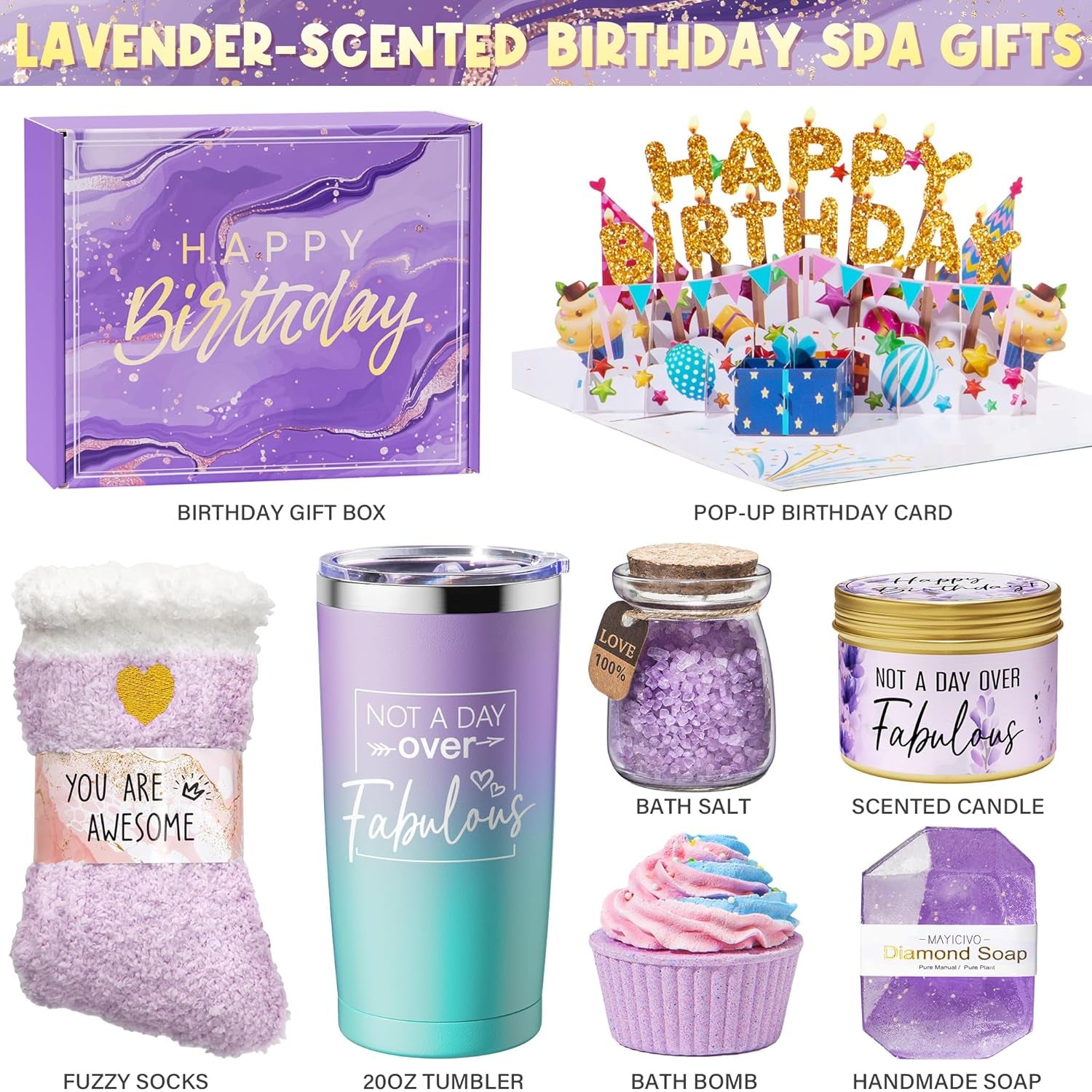 Birthday Gifts for Women Friendship, Lavender Relaxing Spa Gifts Basket Set for Women, Self Care Gifts Unique Happy Birthday Gifts Idea for Mom Her Best Friends Sister Wife Girlfriend Coworker Teacher - Timeless Beauty