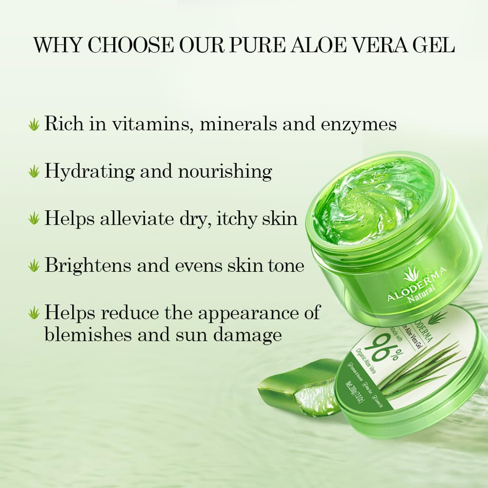 Organic Aloe Vera Gel for Face & Body, 96% Pure Aloe Gel Made within 12 Hours of Harvest, Ideal for Skin, Scalp, & Hair Hydration, Calming Moisturizer for Soothing after Sun Care Relief, 7Oz - Timeless Beauty