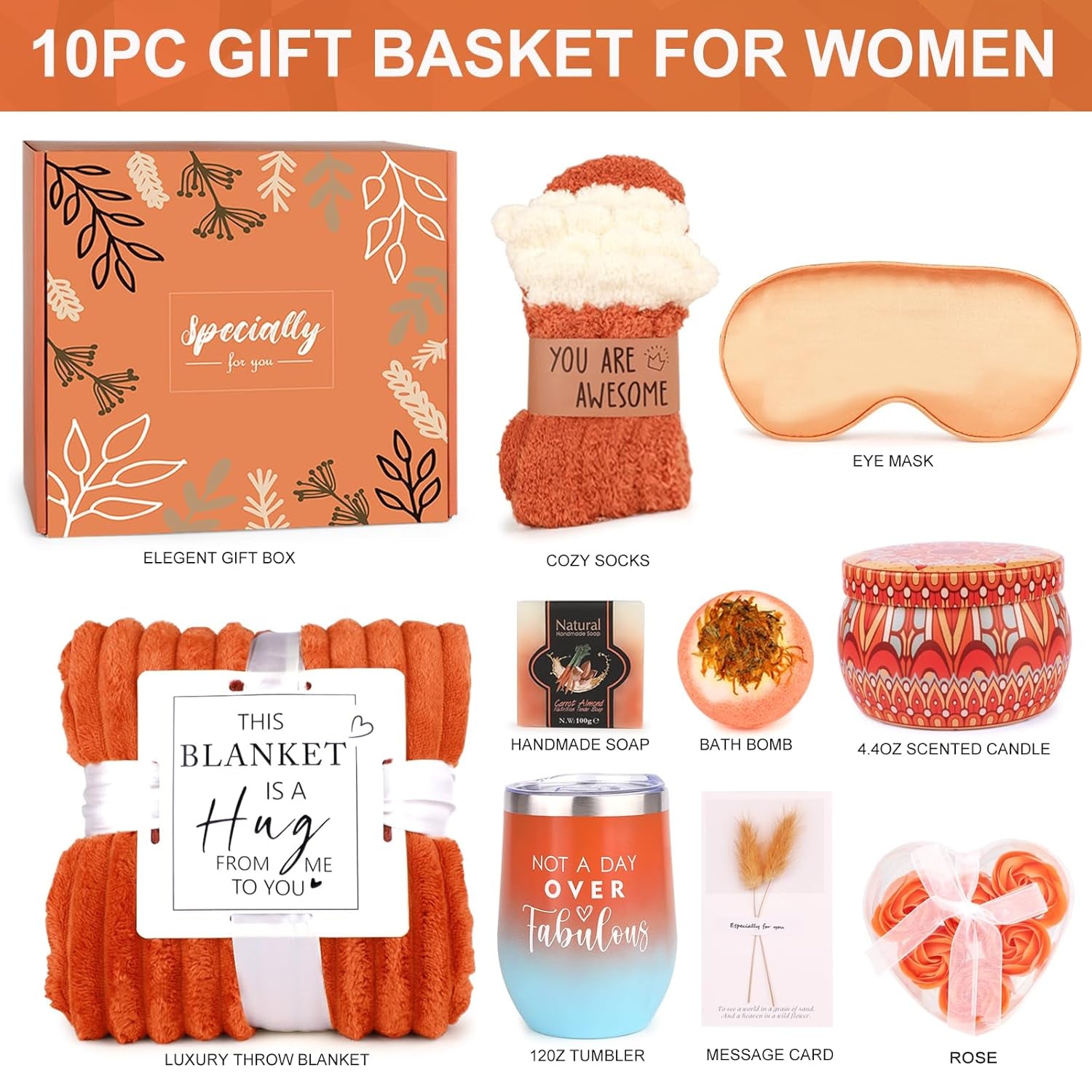Cozy Gifts for Women Christmas,Birthday Gifts,Luxury Self Care Get Well Gifts,Relaxing Spa Gifts Basket W/Fall Throw Blanket,Orange Gifts for Women,Mom, Wife,Girlfriend,ValentineâS Day Gifts for Her - Timeless Beauty