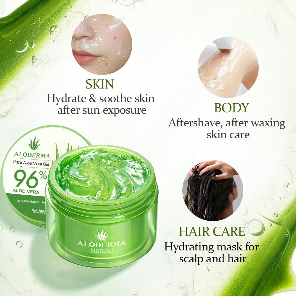 Organic Aloe Vera Gel for Face & Body, 96% Pure Aloe Gel Made within 12 Hours of Harvest, Ideal for Skin, Scalp, & Hair Hydration, Calming Moisturizer for Soothing after Sun Care Relief, 7Oz - Timeless Beauty