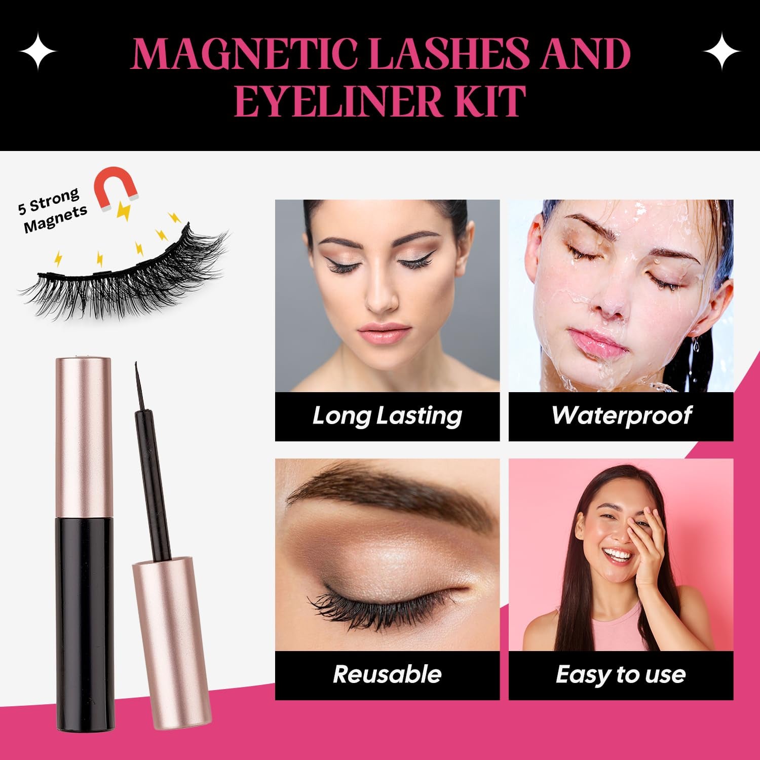 Magnetic Eyelashes with Eyeliner Cat Eyes Magnetic Eyelashes Natural Look False Eyelash No Glue Needed Reusable Fake Eyelashes with Tweezers (3 Pairs Cat Eyes)