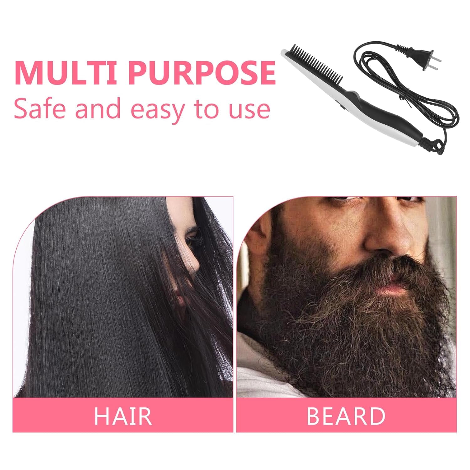 Hair Straightening Comb and Beard Straightener - Electric Portable Hairdressing Comb, White