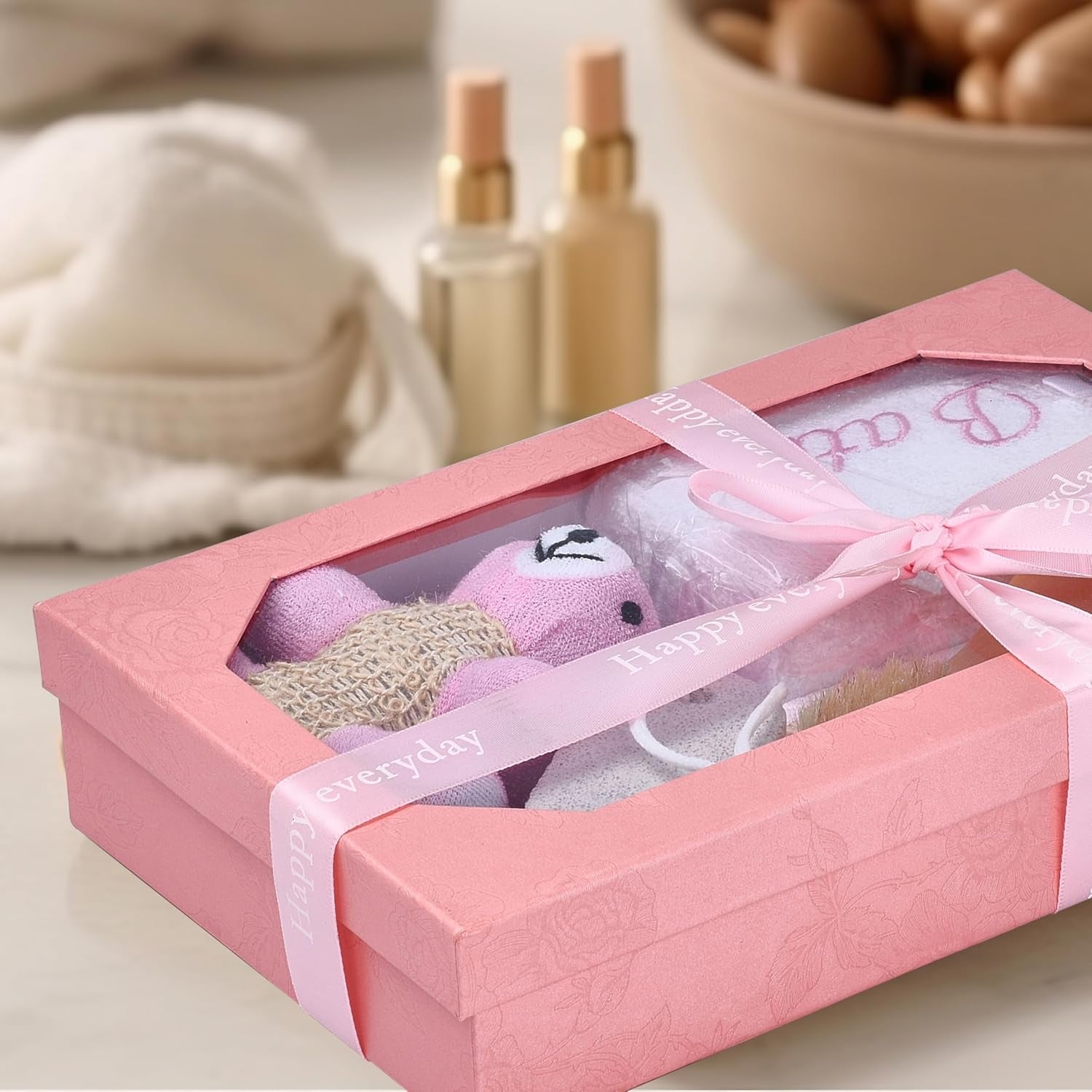 Bath Gift Box - 5-Piece - Toiletries Gift Baskets for Self-Care - 9.8X4 Inch - Shower Body Wash Kit - Complete Hygiene Care Package with Brush, Pumice Stone, and 2 Sponges (Bear) - Pink - Timeless Beauty