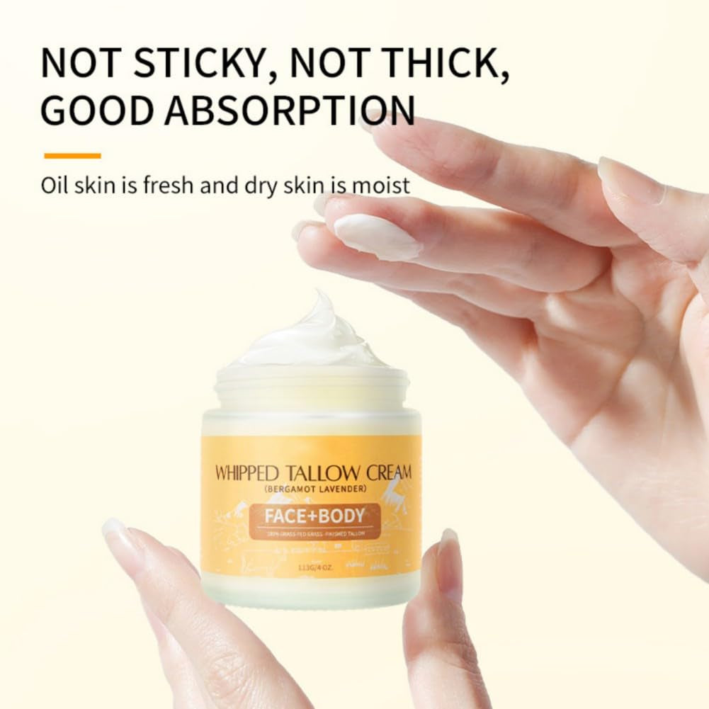 Beef Tallow for Skin, Premium Whipped Tallow Balm, Beef Tallow Moisturizer for Repairing Damaged Dry Skin, Grass Fed Beef Tallow for Skin Hydration, 4 Oz (BERGAMOT LAVENDER) - Timeless Beauty