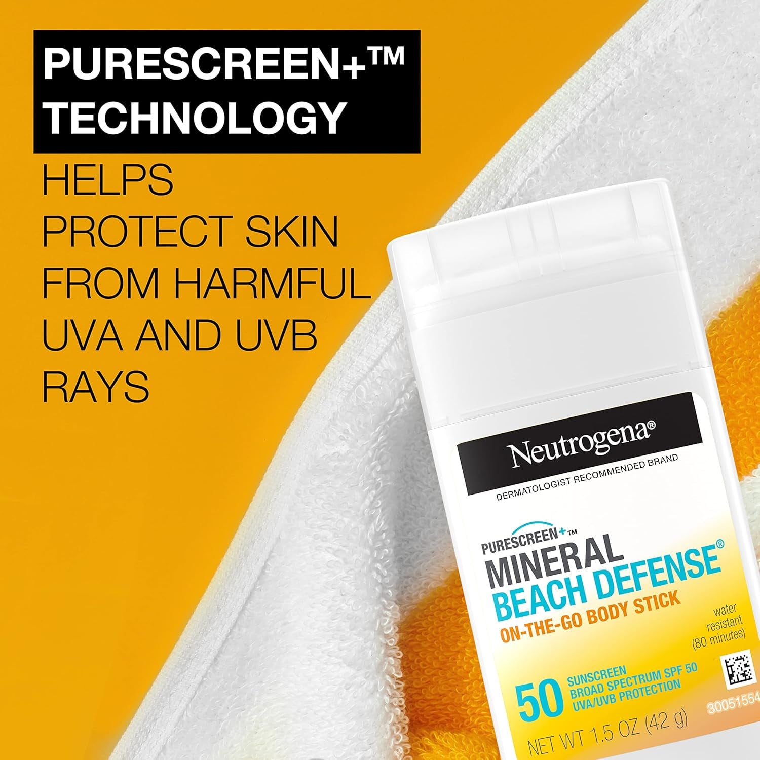 Purescreen+ Mineral Beach Defense On-The-Go Body Sunscreen Stick with Broad Spectrum SPF 50, Water Resistant UVA/UVB Protection, Absorbs Quickly & Dries Clear, 1.5 Oz - Timeless Beauty