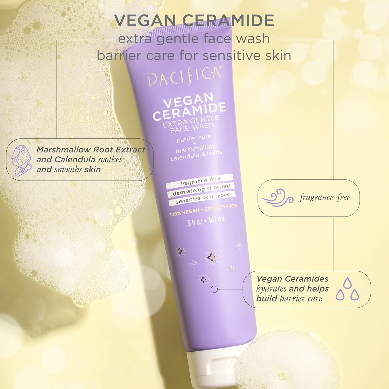 Face Wash Cleanser Vegan Ceramide Barrier Repair Extra Gentle for Daily Use Daily for Sensitive Skin, Fragrance Free, Calendula, Vegan & Cruelty-Free Dermatologist Tested - Timeless Beauty