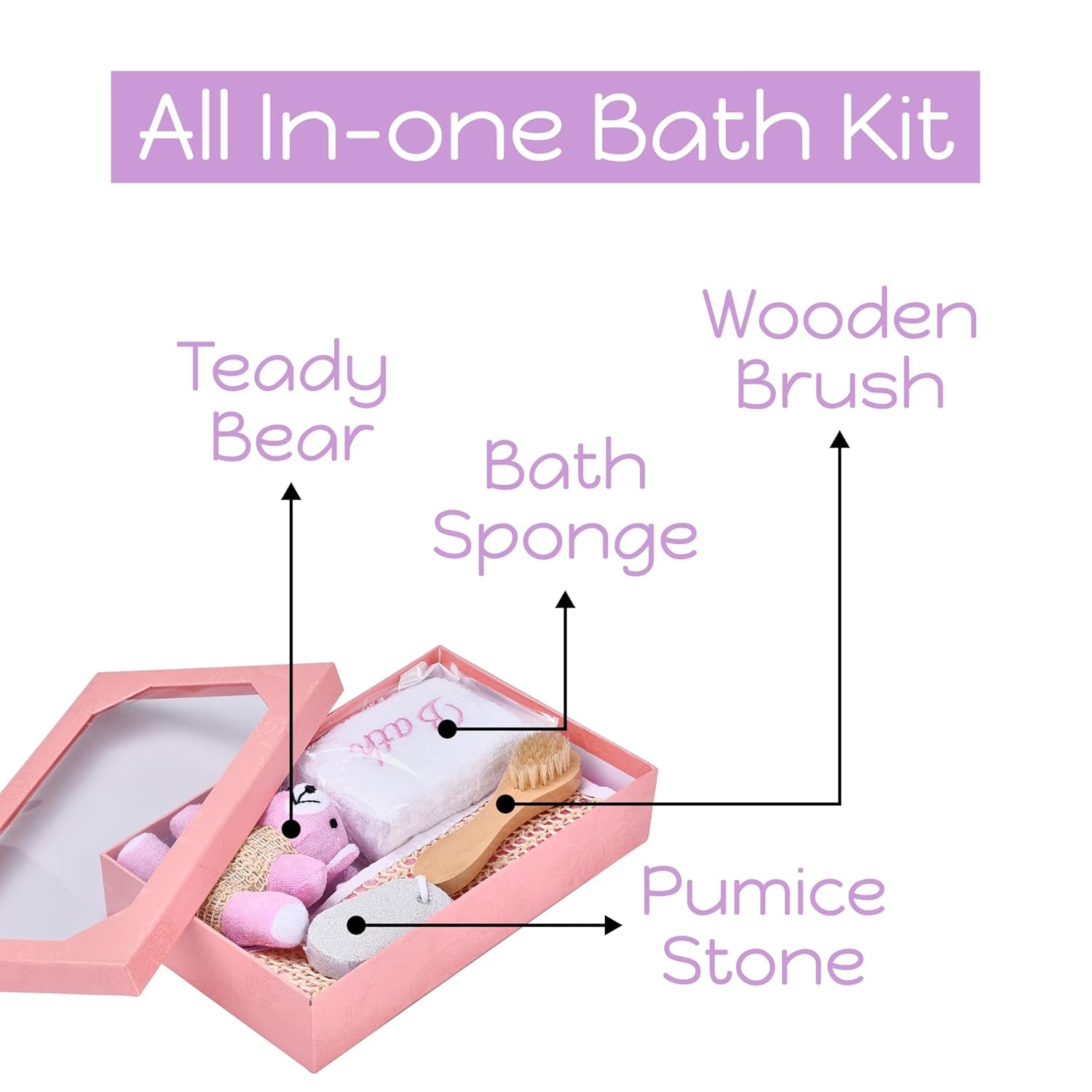 Bath Gift Box - 5-Piece - Toiletries Gift Baskets for Self-Care - 9.8X4 Inch - Shower Body Wash Kit - Complete Hygiene Care Package with Brush, Pumice Stone, and 2 Sponges (Bear) - Pink - Timeless Beauty