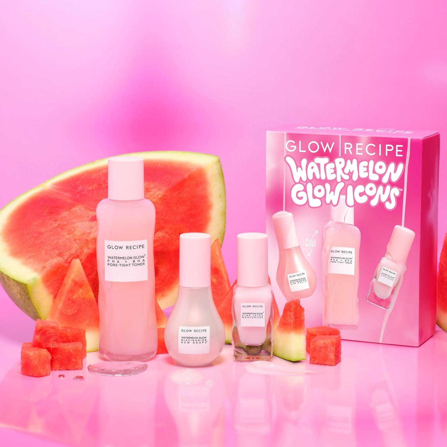 Watermelon Glow Icons Skin Care Gift Set - Niacinamide Dew Drops Face Serum + PHA + BHA Pore Minimizing Toner with Hyaluronic Acid + Pink Juice Facial Moisturizer (3 Count) - Timeless Beauty