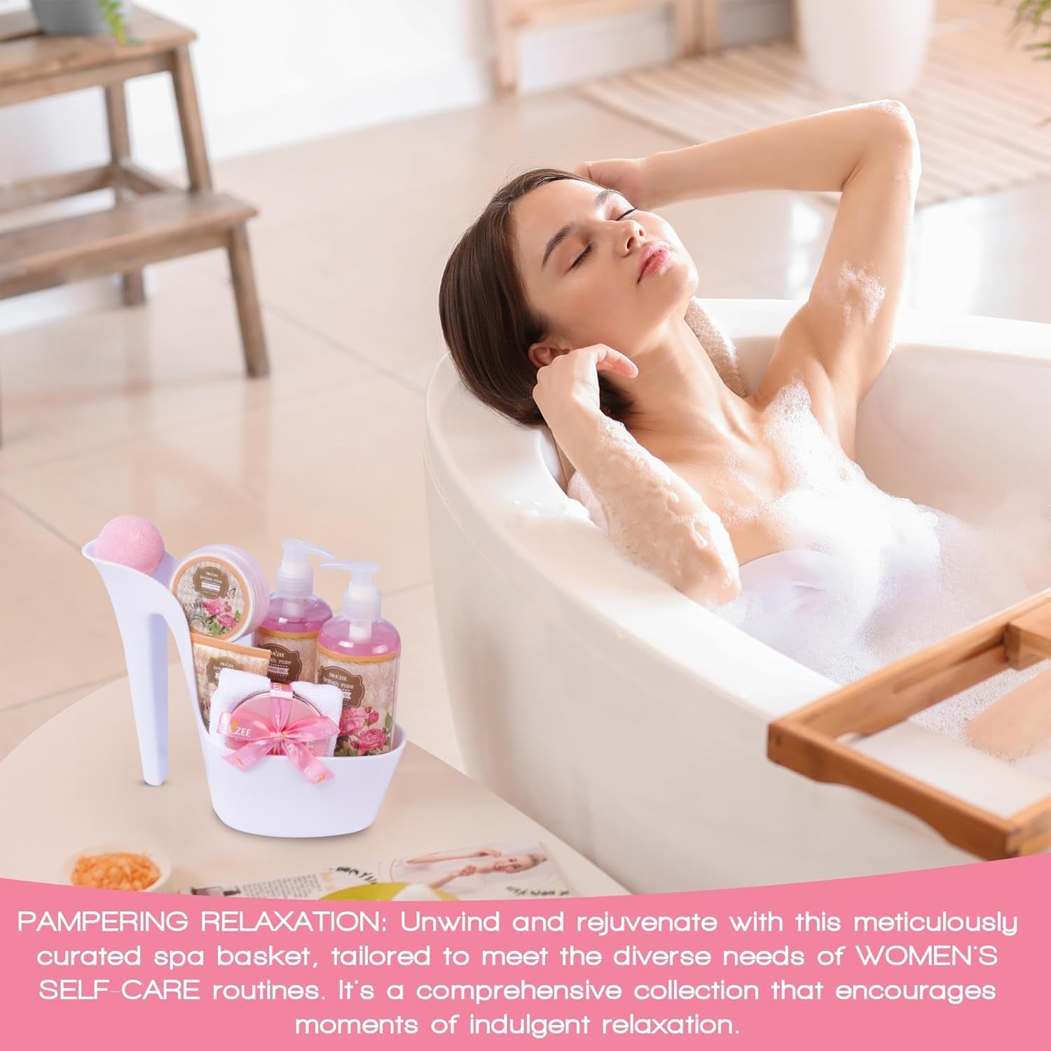 Bath and Body Gift Set - 8 Pcs Luxury Rose Scented Heel Shoe Spa Gift Set for Women - Shower Gel, Bubble Bath, Body Butter, Body Lotion & More - Christmas Gifts for Women, Gift for Mom - Timeless Beauty