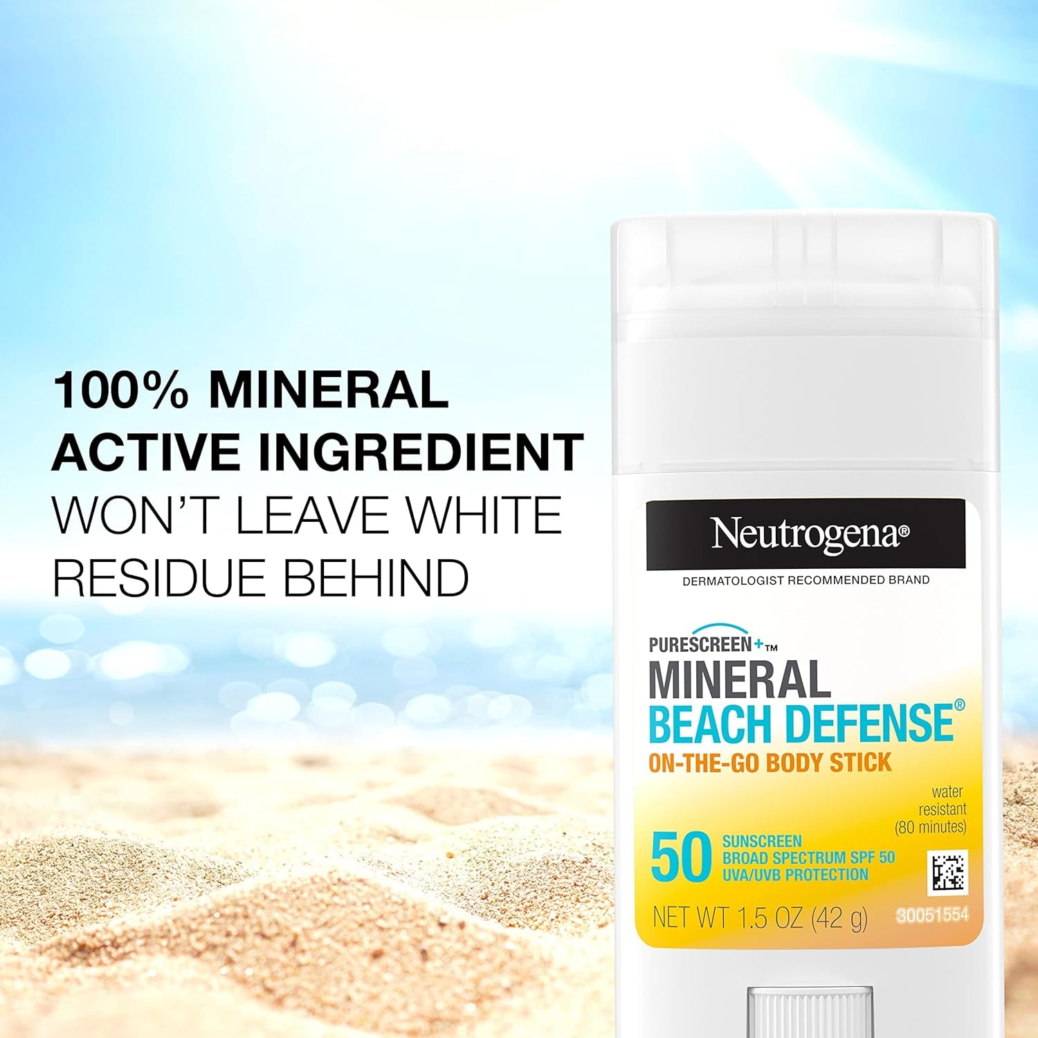 Purescreen+ Mineral Beach Defense On-The-Go Body Sunscreen Stick with Broad Spectrum SPF 50, Water Resistant UVA/UVB Protection, Absorbs Quickly & Dries Clear, 1.5 Oz - Timeless Beauty