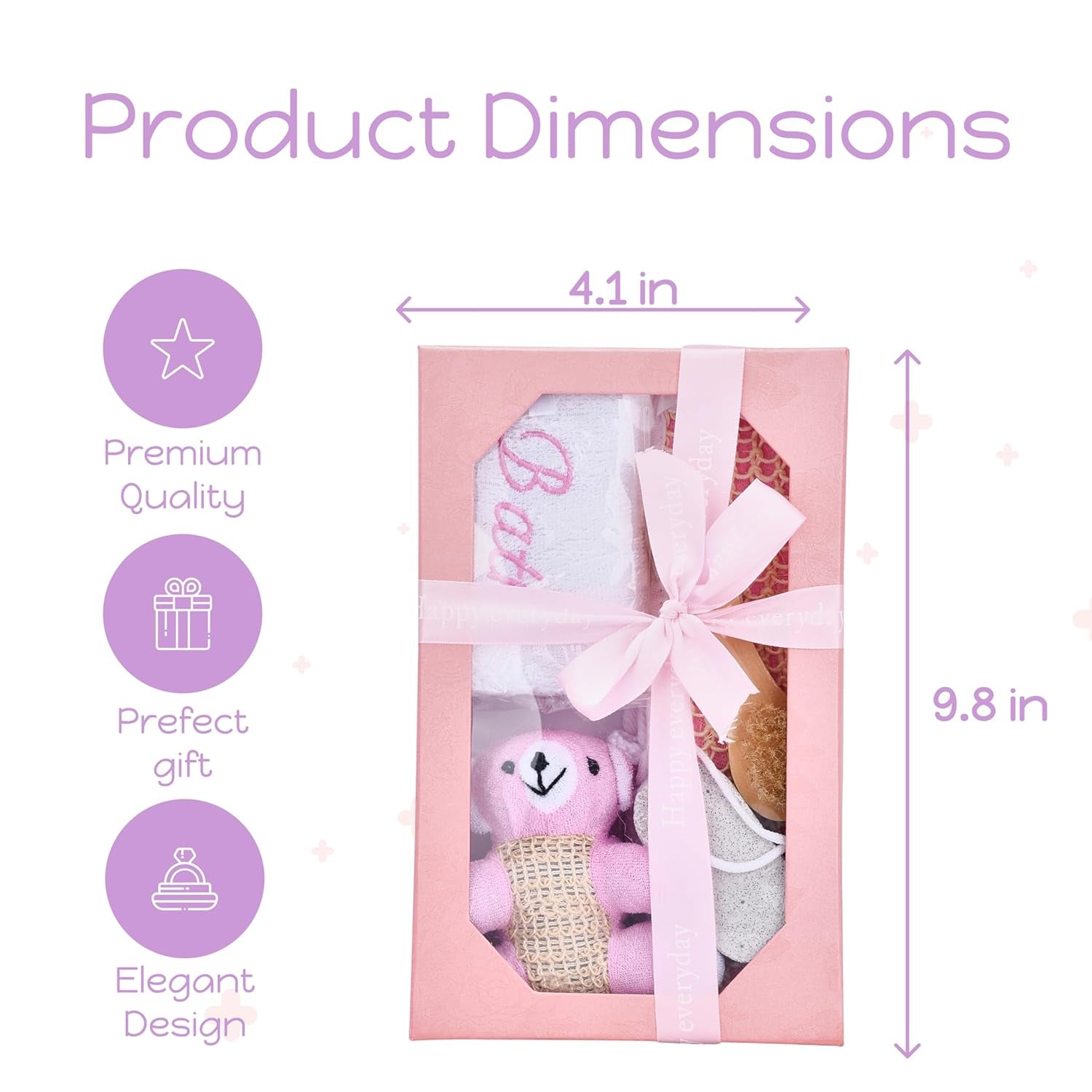 Bath Gift Box - 5-Piece - Toiletries Gift Baskets for Self-Care - 9.8X4 Inch - Shower Body Wash Kit - Complete Hygiene Care Package with Brush, Pumice Stone, and 2 Sponges (Bear) - Pink - Timeless Beauty