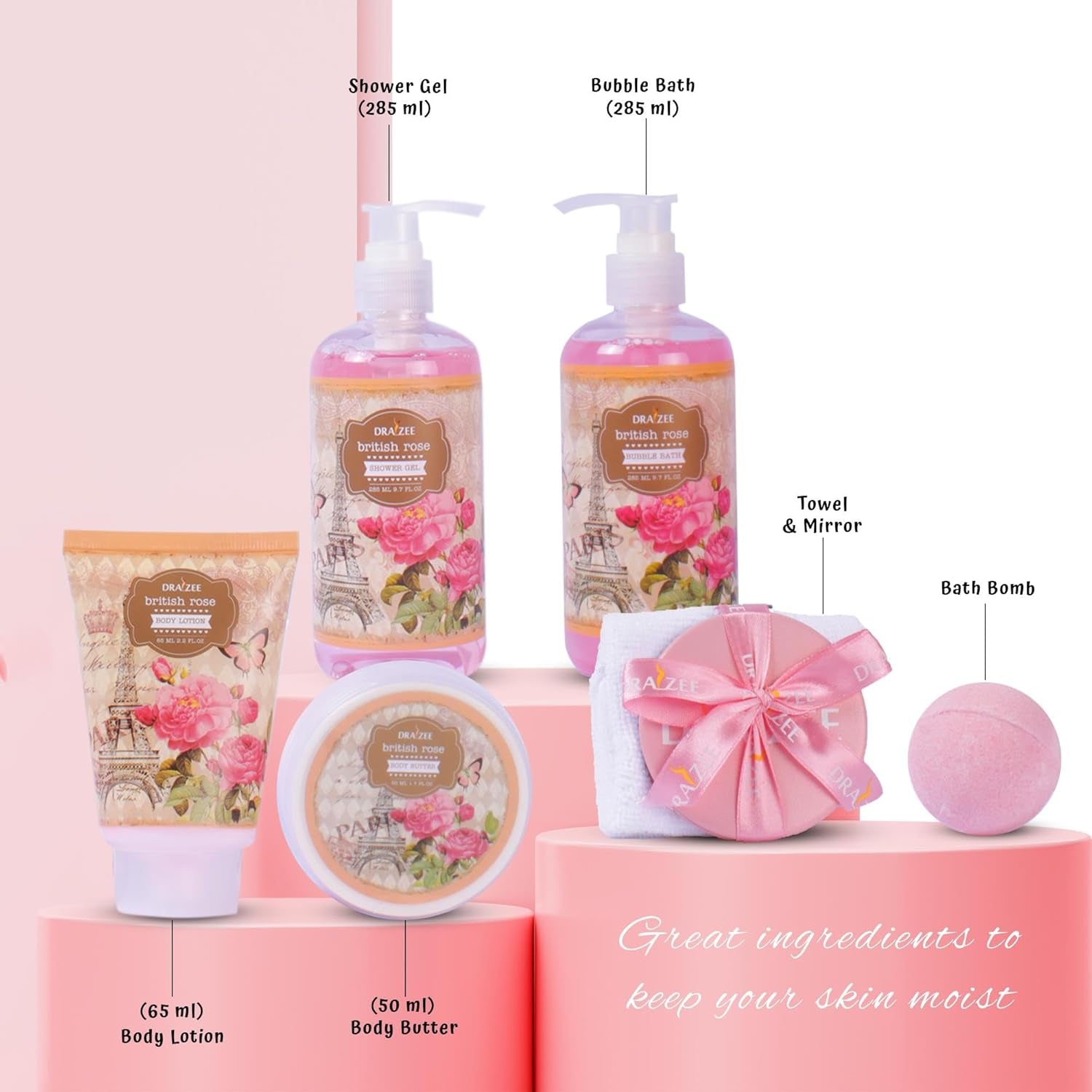 Bath and Body Gift Set - 8 Pcs Luxury Rose Scented Heel Shoe Spa Gift Set for Women - Shower Gel, Bubble Bath, Body Butter, Body Lotion & More - Christmas Gifts for Women, Gift for Mom - Timeless Beauty