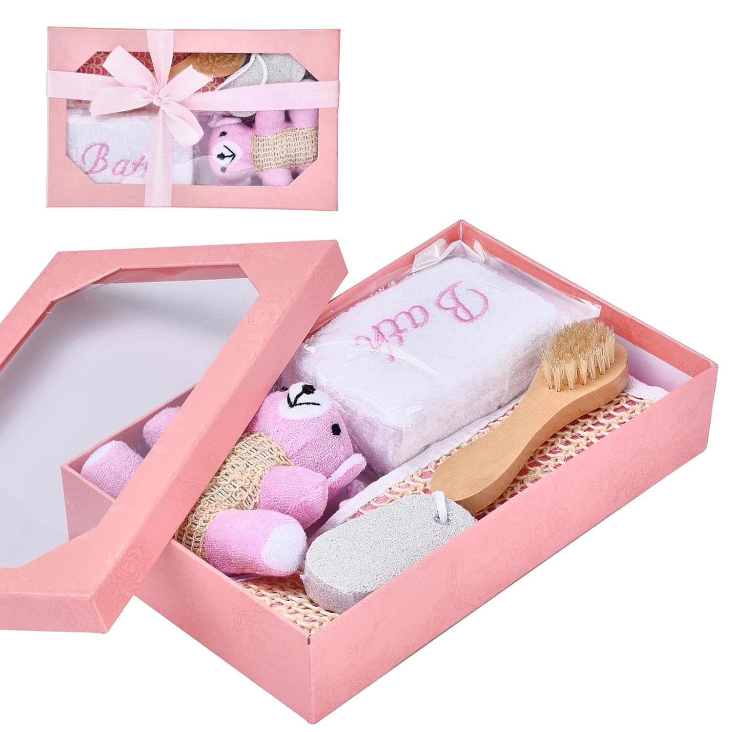 Bath Gift Box - 5-Piece - Toiletries Gift Baskets for Self-Care - 9.8X4 Inch - Shower Body Wash Kit - Complete Hygiene Care Package with Brush, Pumice Stone, and 2 Sponges (Bear) - Pink - Timeless Beauty