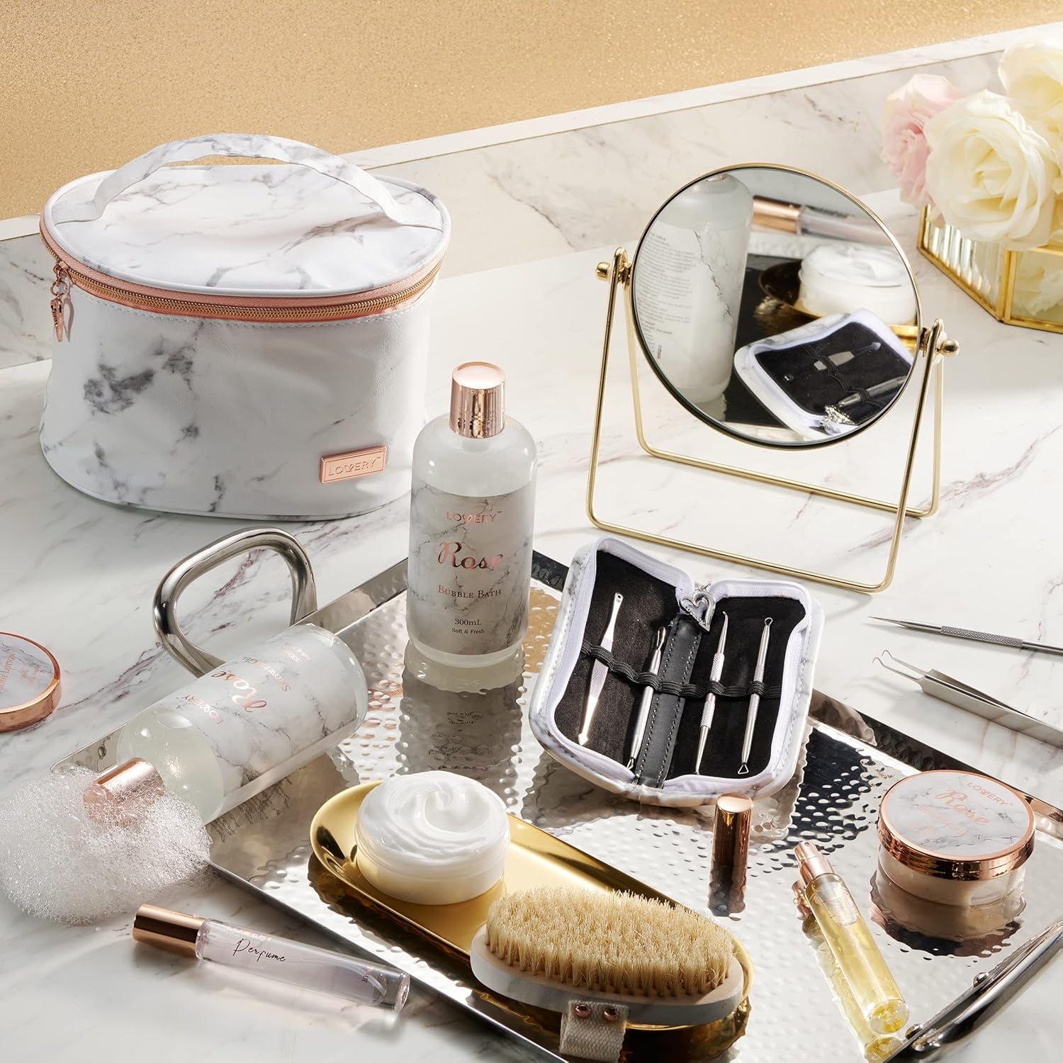 Christmas Gifts for Mom, Daughter Self Care Gifts for Women, Luxe 16Pc Rose Bath and Body Home Spa Set, Relaxation Bath Gift Basket for Birthday Pampering with Perfumes, Acne Kit, Lotions & More - Timeless Beauty
