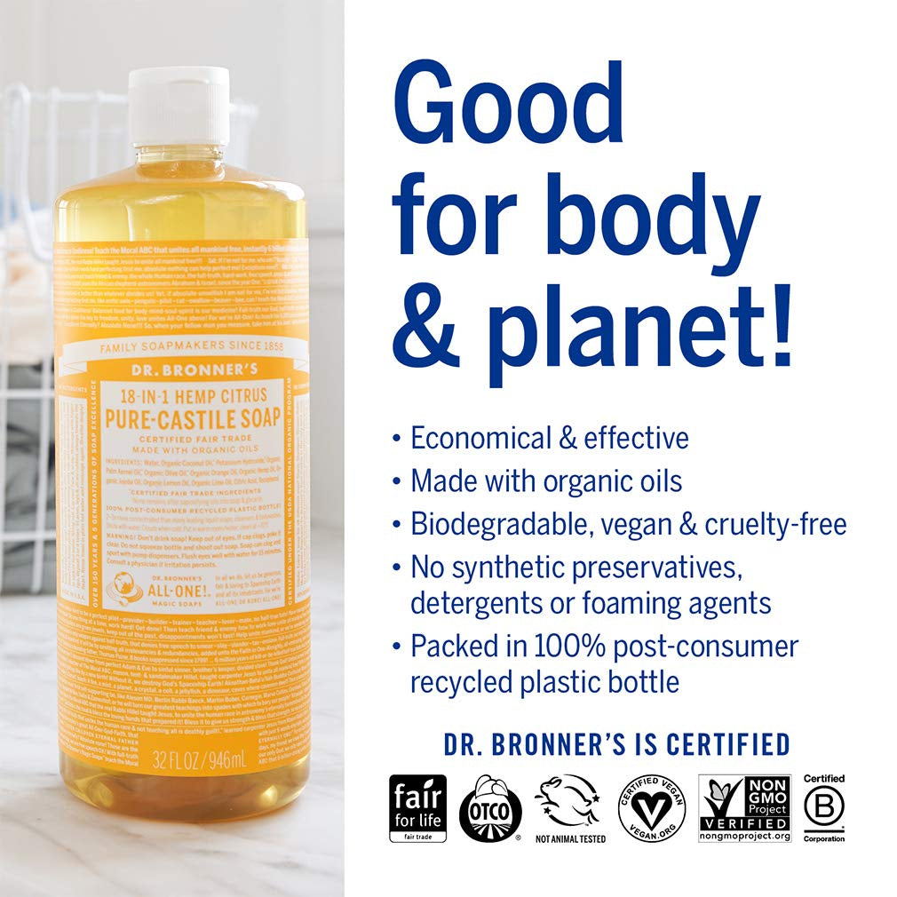 - Pure-Castile Liquid Soap (Citrus, 32 Ounce, 2-Pack) - Made with Organic Oils, 18-In-1 Uses: Face, Body, Hair, Laundry, Pets and Dishes, Concentrated, Vegan, Non-Gmo - Timeless Beauty