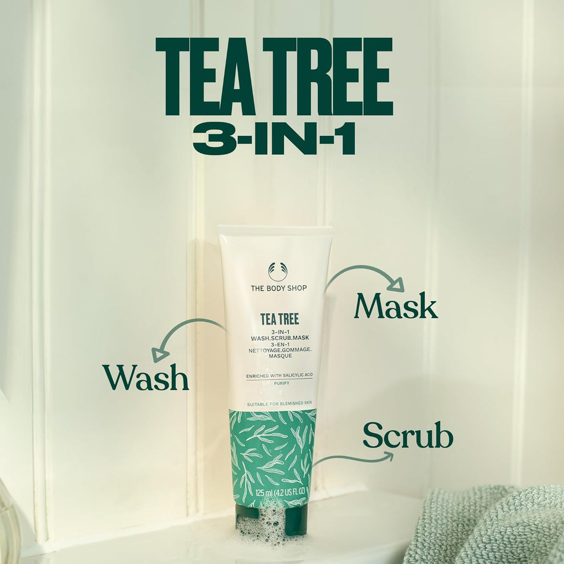 Tea Tree 3 in 1 Wash Scrub &amp; Mask – Purifying Vegan Skincare for Oily, Blemished Skin – 4.2 Oz - Timeless Beauty