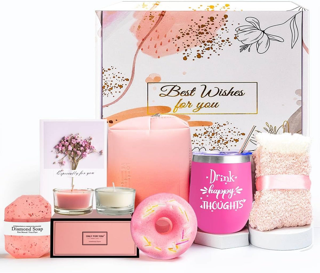 Birthday Gifts for Women-Best Relaxing Spa Gift Box Basket for Wife Mom Sister Girlfriend Daughter Best Friend Mother-Happy Birthday Gifts for Women -Wine Tumbler Spa Bath Set (Pink) - Timeless Beauty