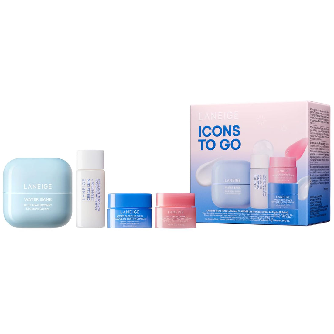 Icons to Go Set: Cream Skin, Water Bank Cream, Lip Sleeping Mask, Water Sleeping Mask, Travel Size, Full Size, Hydrate, Barrier-Boosting - Timeless Beauty