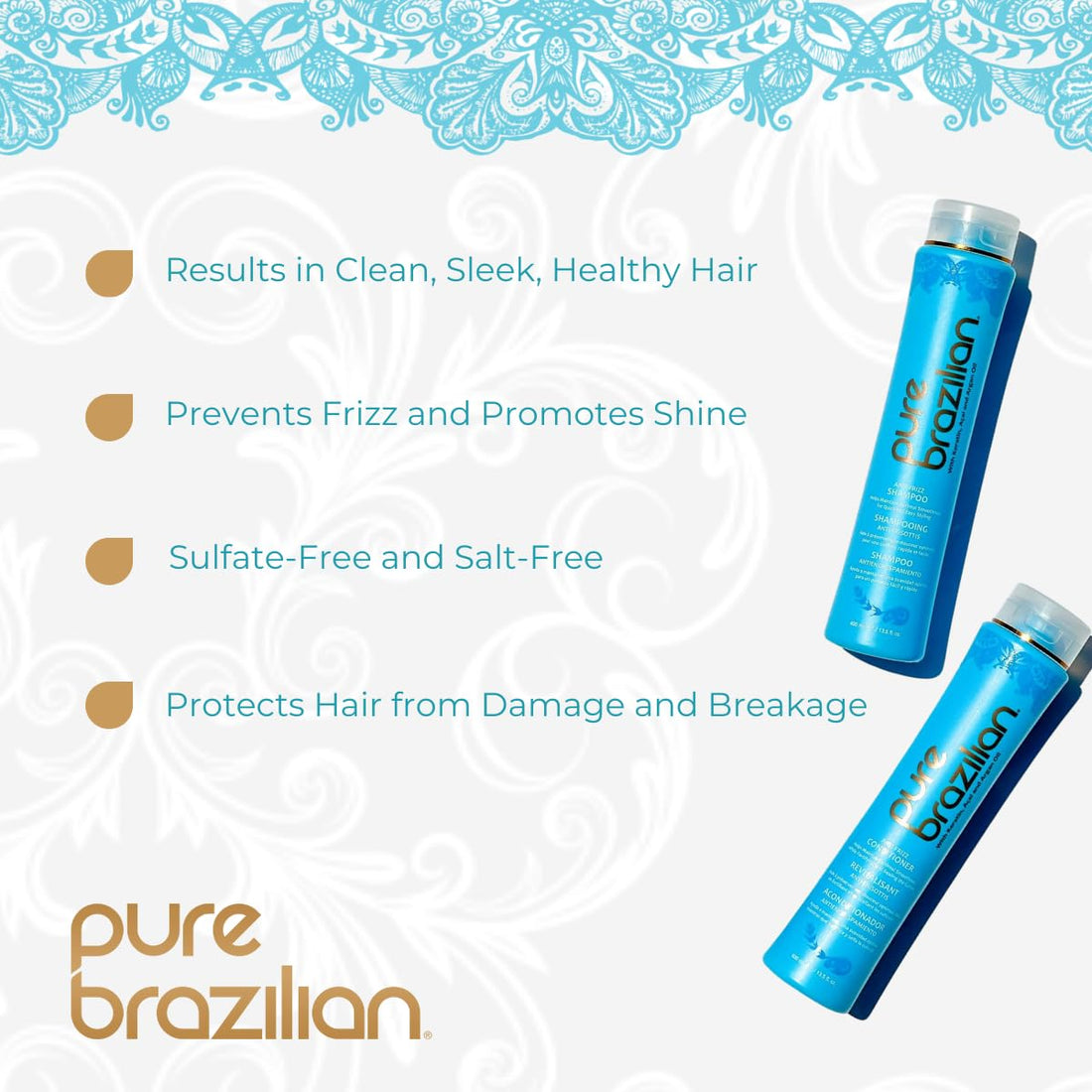 Pure Brazilian Anti-Frizz Daily Shampoo &amp; Conditioner Duo | Salt-Free, Color Safe, Keratin + Argan Oil + Acai | 13.5 Oz - Timeless Beauty