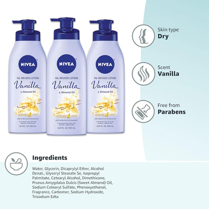 Vanilla and Almond Oil Infused Body Lotion for Women, Fast-Absorbing, Non-Greasy Formula, 48-Hour Moisturization, 16.9 Fl Oz Pump Bottle, Pack of 3