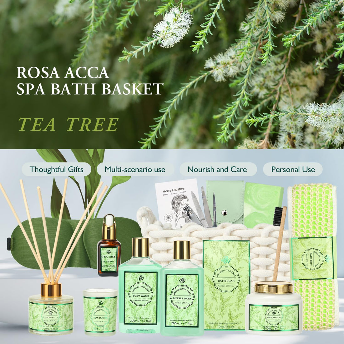 Spa Gift Set for Women, 15Pcs Spa Basket Set -Tea Tree Scented- Includes Body Wash, Bubble Bath, Bath Soak, Manicure Set, Gifts for Mom, Birthday Gifts for Women, Home Spa Kit Gift for Her - Timeless Beauty