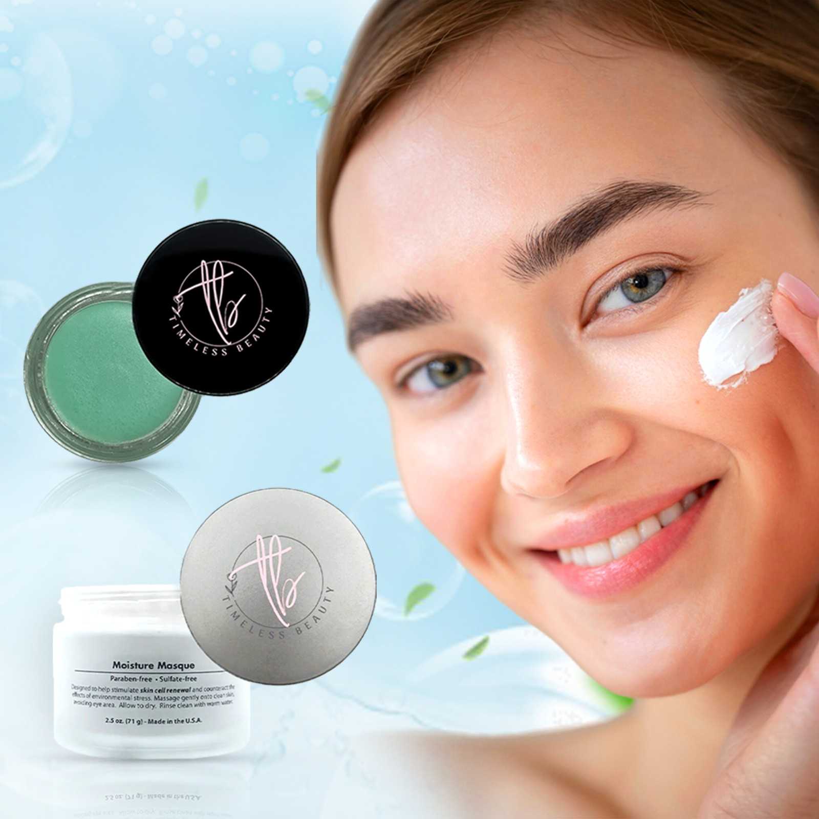 A smiling woman applies cream to her face, with Timeless Beauty skincare products featured, including the Moisture Masque.