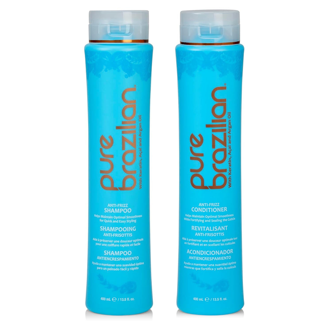 Pure Brazilian Anti-Frizz Daily Shampoo &amp; Conditioner Duo | Salt-Free, Color Safe, Keratin + Argan Oil + Acai | 13.5 Oz - Timeless Beauty