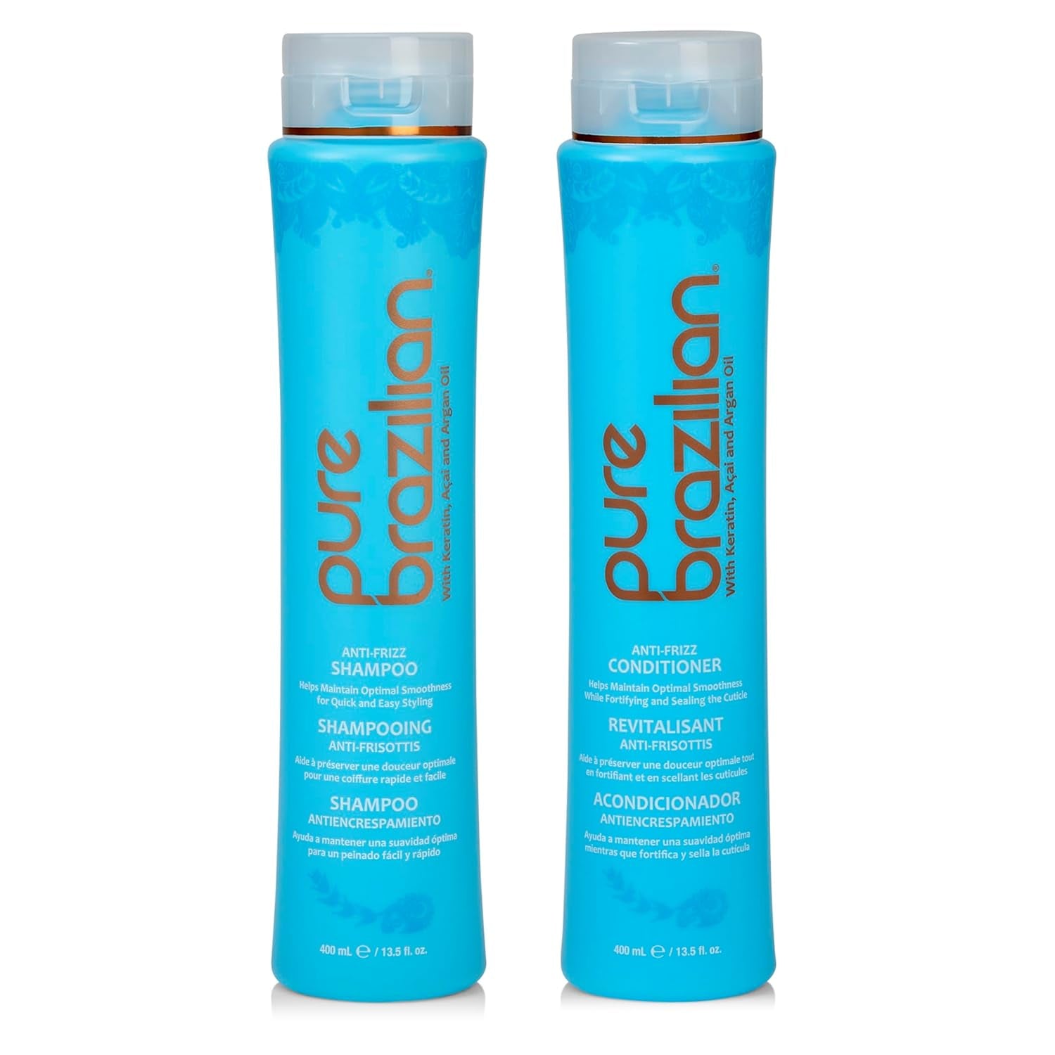 Pure Brazilian Anti-Frizz Daily Shampoo &amp; Conditioner Duo | Salt-Free, Color Safe, Keratin + Argan Oil + Acai | 13.5 Oz - Timeless Beauty