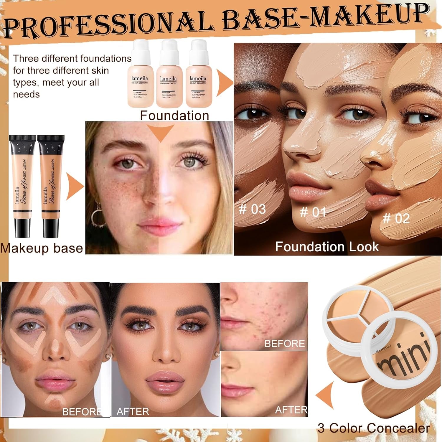 Comprehensive Girls Makeup Kit: 40-Color Eyeshadow Palette, Foundation, Contour Stick, and Additional Essentials