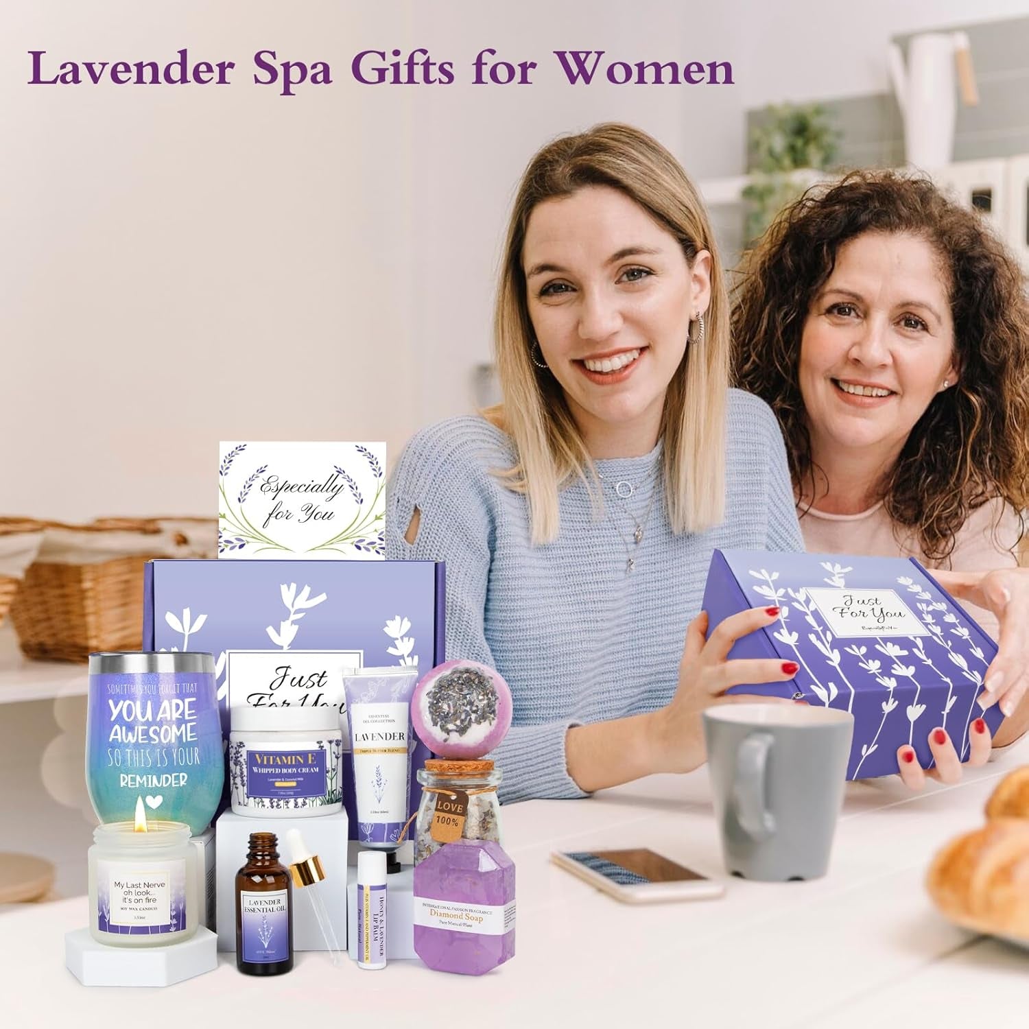 Lavender Gifts for Women - Care Package Relaxing Gifts - Lavender Spa Gifts Set, Self Care Gift for Women, Gift Baskets for Women Her Friend Sister Mom Wife, Christmas Lavender Gift Basket Ideas - Timeless Beauty