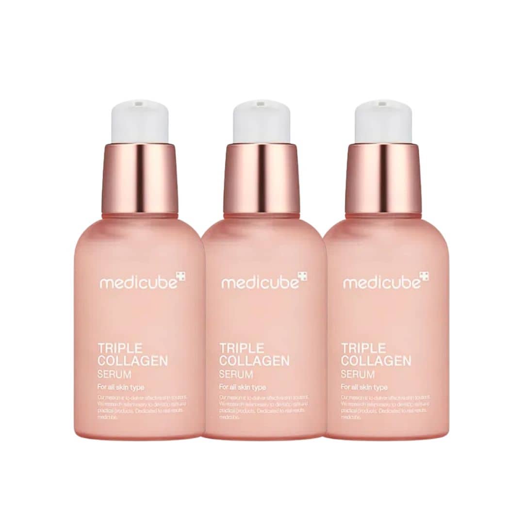 Three bottles of Medicube Triple Collagen Serum 4.0 for anti-aging and hydration