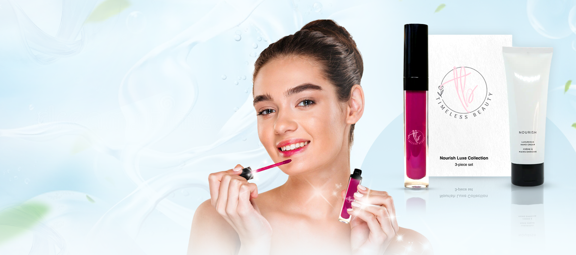 Smiling woman applying pink lipstick from Timeless Beauty Nourish Luxe Collection, featuring lip color and hand cream set.