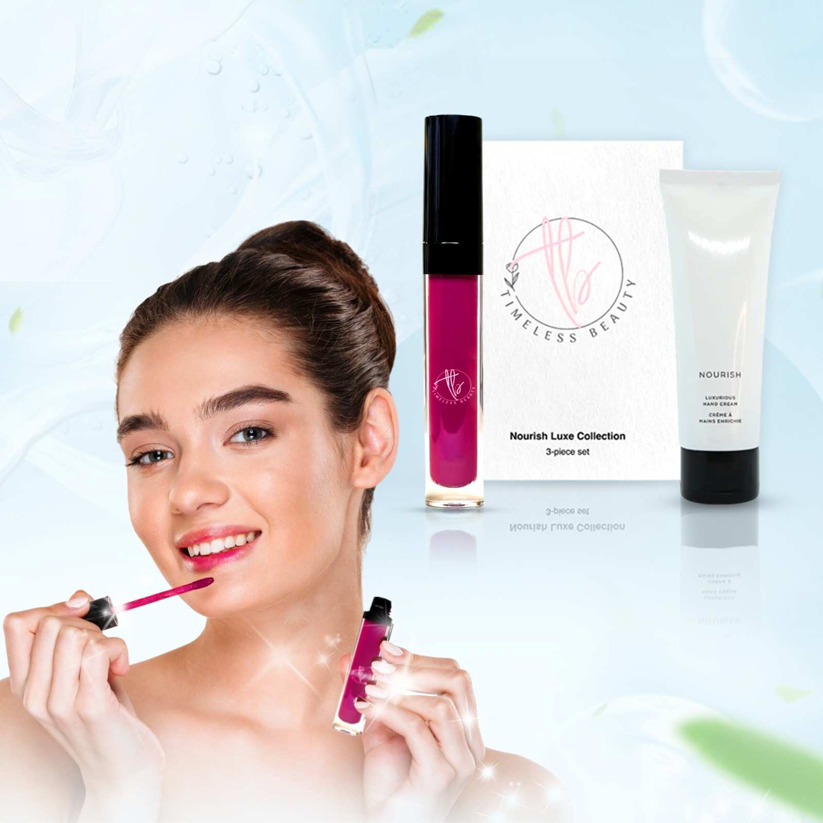 A smiling woman applies pink lip gloss, with Timeless Beauty’s Nourish Luxe Collection featured beside her, including gloss, hand cream, and packaging.