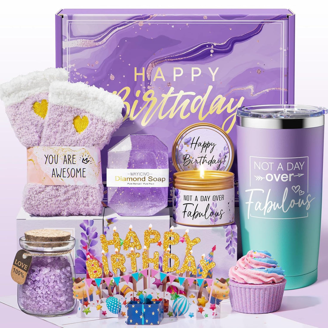 Birthday Gifts for Women Friendship, Lavender Relaxing Spa Gifts Basket Set for Women, Self Care Gifts Unique Happy Birthday Gifts Idea for Mom Her Best Friends Sister Wife Girlfriend Coworker Teacher - Timeless Beauty