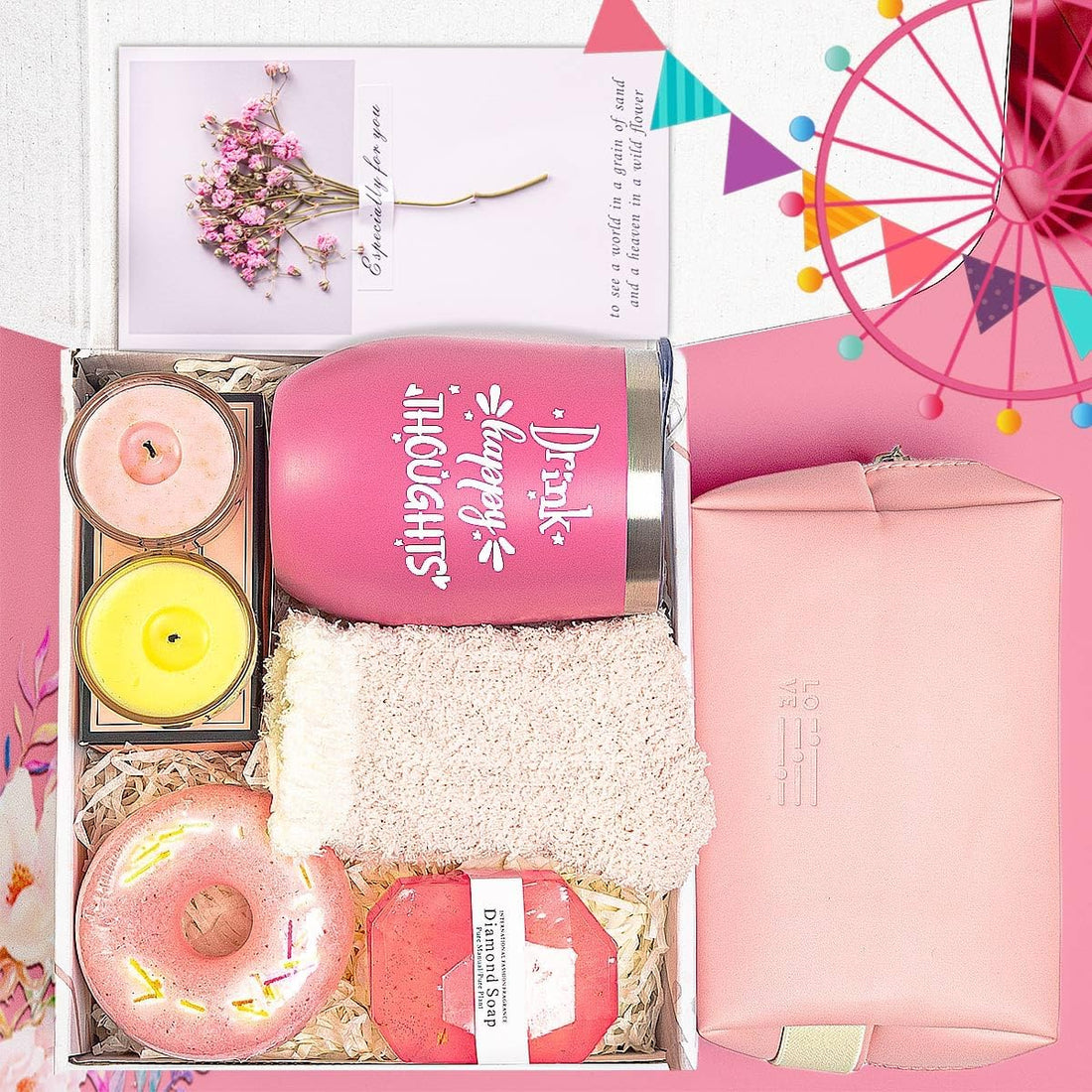 Birthday Gifts for Women-Best Relaxing Spa Gift Box Basket for Wife Mom Sister Girlfriend Daughter Best Friend Mother-Happy Birthday Gifts for Women -Wine Tumbler Spa Bath Set (Pink) - Timeless Beauty
