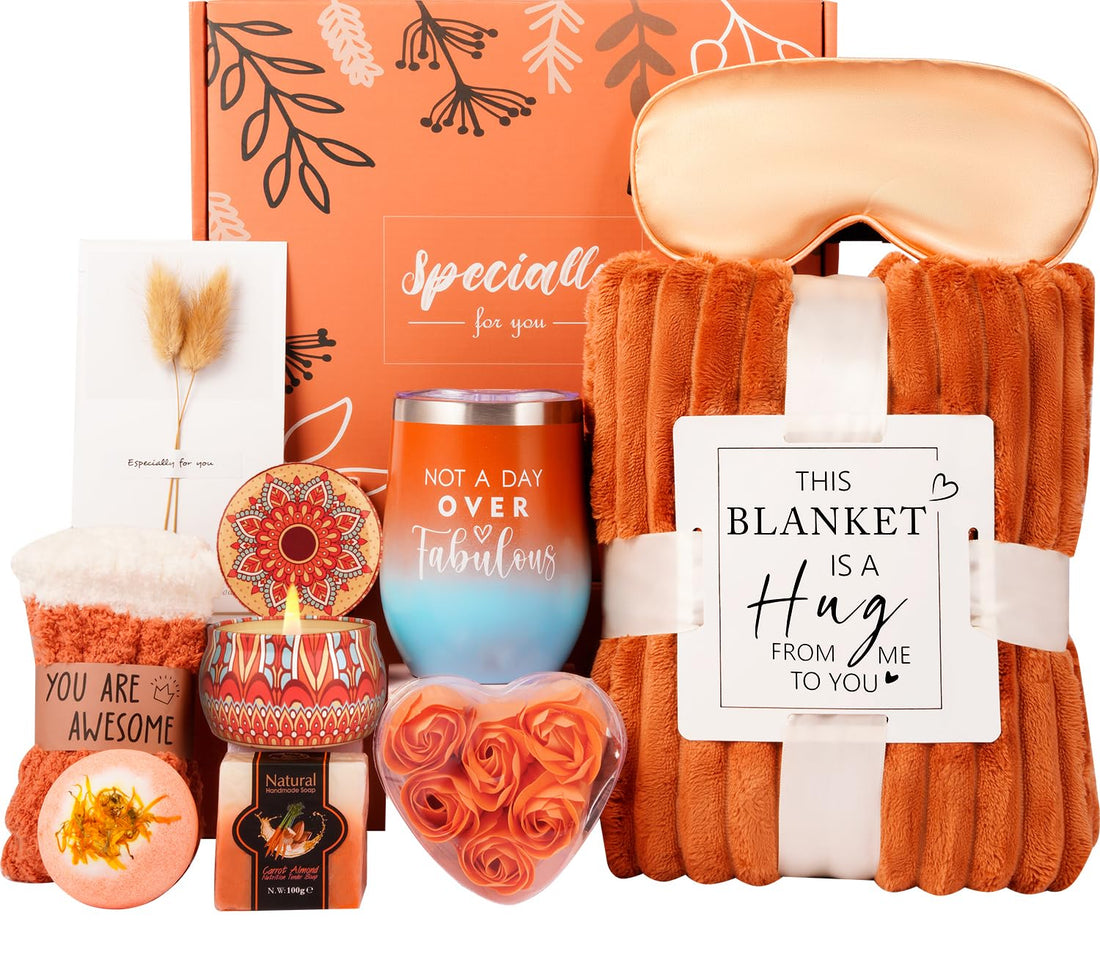 Cozy Gifts for Women Christmas,Birthday Gifts,Luxury Self Care Get Well Gifts,Relaxing Spa Gifts Basket W/Fall Throw Blanket,Orange Gifts for Women,Mom, Wife,Girlfriend,Valentine’S Day Gifts for Her - Timeless Beauty