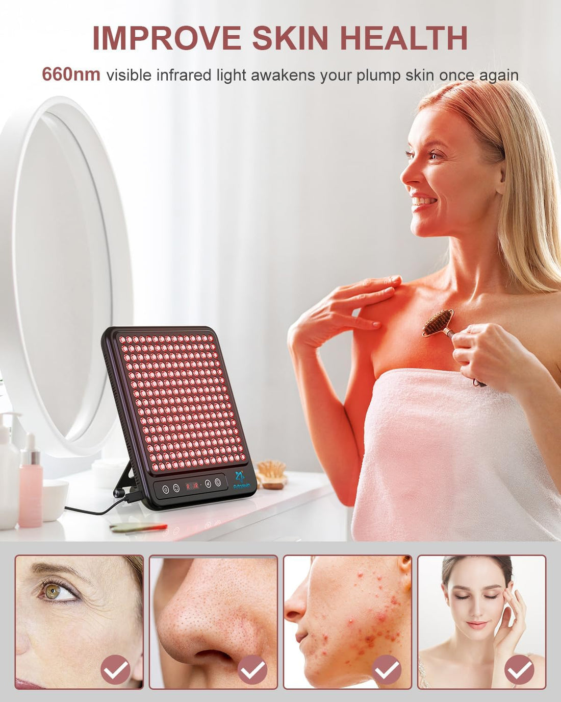 Red Light Therapy Panel, 225 Dual-Chip Leds with 660Nm Red &amp; 850Nm near Infrared Light for Face, Skin, Sleep, Body Relaxation, Portable Therapy Panel with Stand &amp; Timer