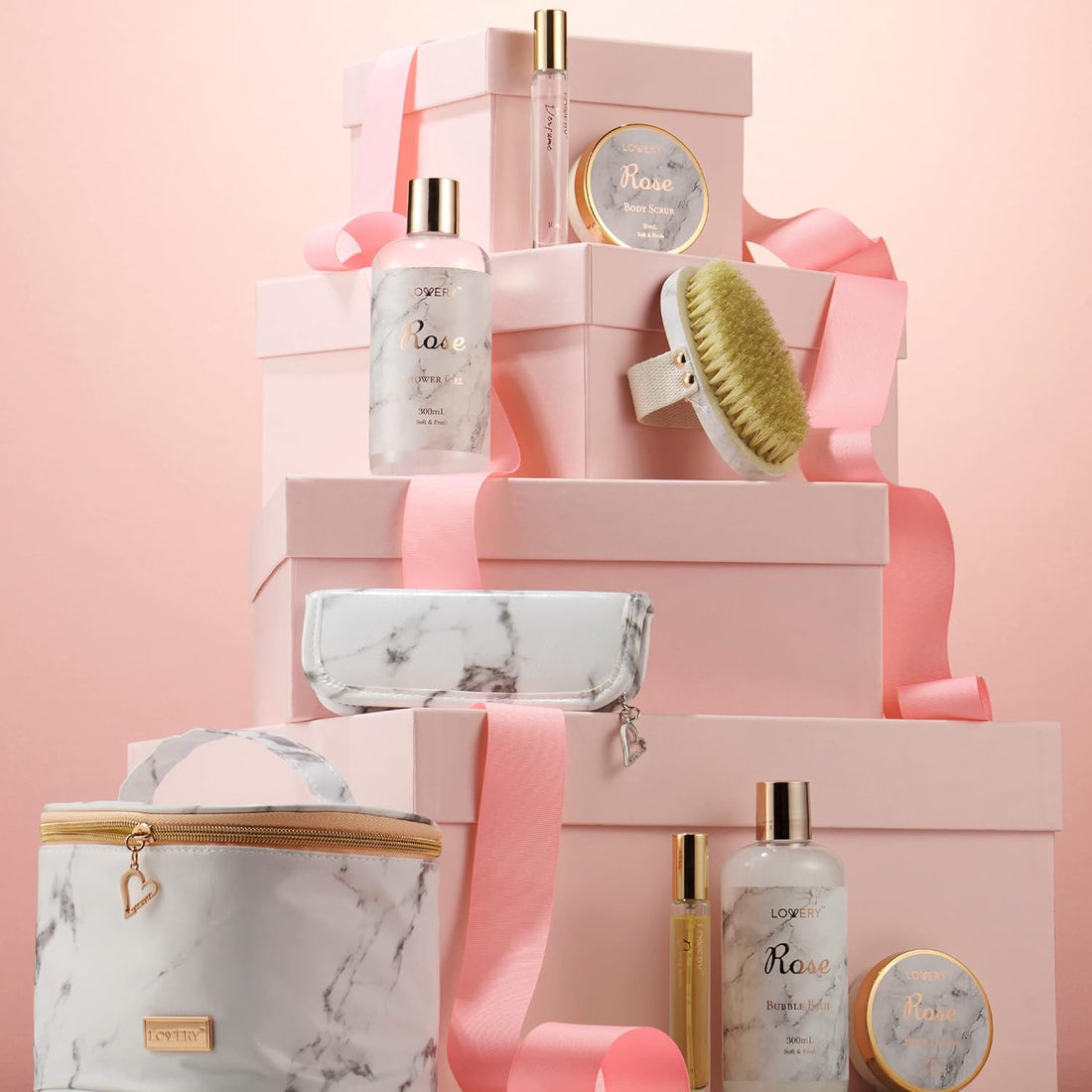 Christmas Gifts for Mom, Daughter Self Care Gifts for Women, Luxe 16Pc Rose Bath and Body Home Spa Set, Relaxation Bath Gift Basket for Birthday Pampering with Perfumes, Acne Kit, Lotions &amp; More - Timeless Beauty