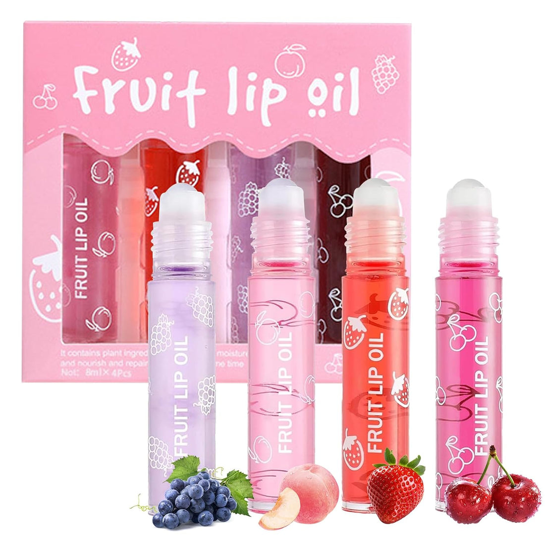 4-Piece Lip Oil Set, Moisturizing Transparent Lip Glow Oil, Fruit-Flavored Hydrating Roll-On Plumping Gloss, Long-Lasting Non-Sticky Shine Makeup Gift Kit
