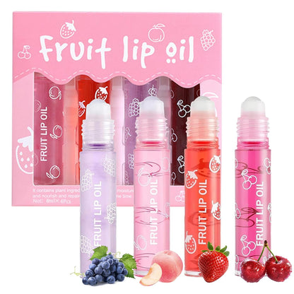 4-Piece Lip Oil Set, Moisturizing Transparent Lip Glow Oil, Fruit-Flavored Hydrating Roll-On Plumping Gloss, Long-Lasting Non-Sticky Shine Makeup Gift Kit