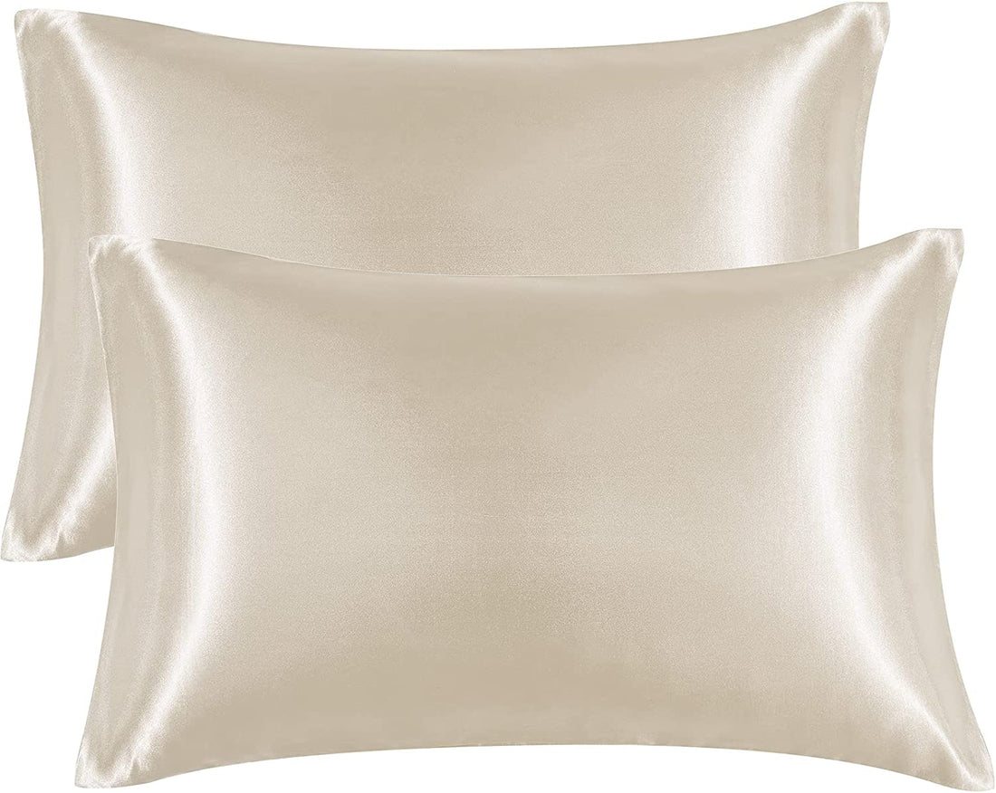 Queen Satin Pillowcase Set of 2 - Soft, Silk-like Pillowcases for Hair and Skin, Beige with Envelope Closure, 20x30 Inches - Timeless Beauty