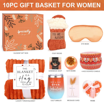 Cozy Gifts for Women Christmas,Birthday Gifts,Luxury Self Care Get Well Gifts,Relaxing Spa Gifts Basket W/Fall Throw Blanket,Orange Gifts for Women,Mom, Wife,Girlfriend,Valentine’S Day Gifts for Her - Timeless Beauty
