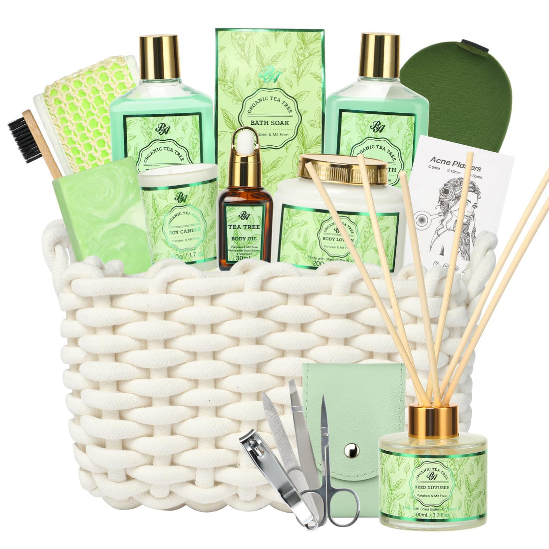 Spa Gift Set for Women, 15Pcs Spa Basket Set -Tea Tree Scented- Includes Body Wash, Bubble Bath, Bath Soak, Manicure Set, Gifts for Mom, Birthday Gifts for Women, Home Spa Kit Gift for Her - Timeless Beauty