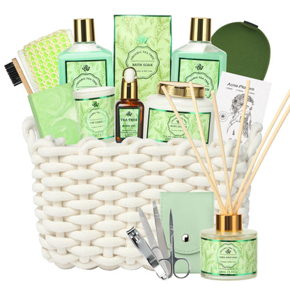 Spa Gift Set for Women, 15Pcs Spa Basket Set -Tea Tree Scented- Includes Body Wash, Bubble Bath, Bath Soak, Manicure Set, Gifts for Mom, Birthday Gifts for Women, Home Spa Kit Gift for Her - Timeless Beauty