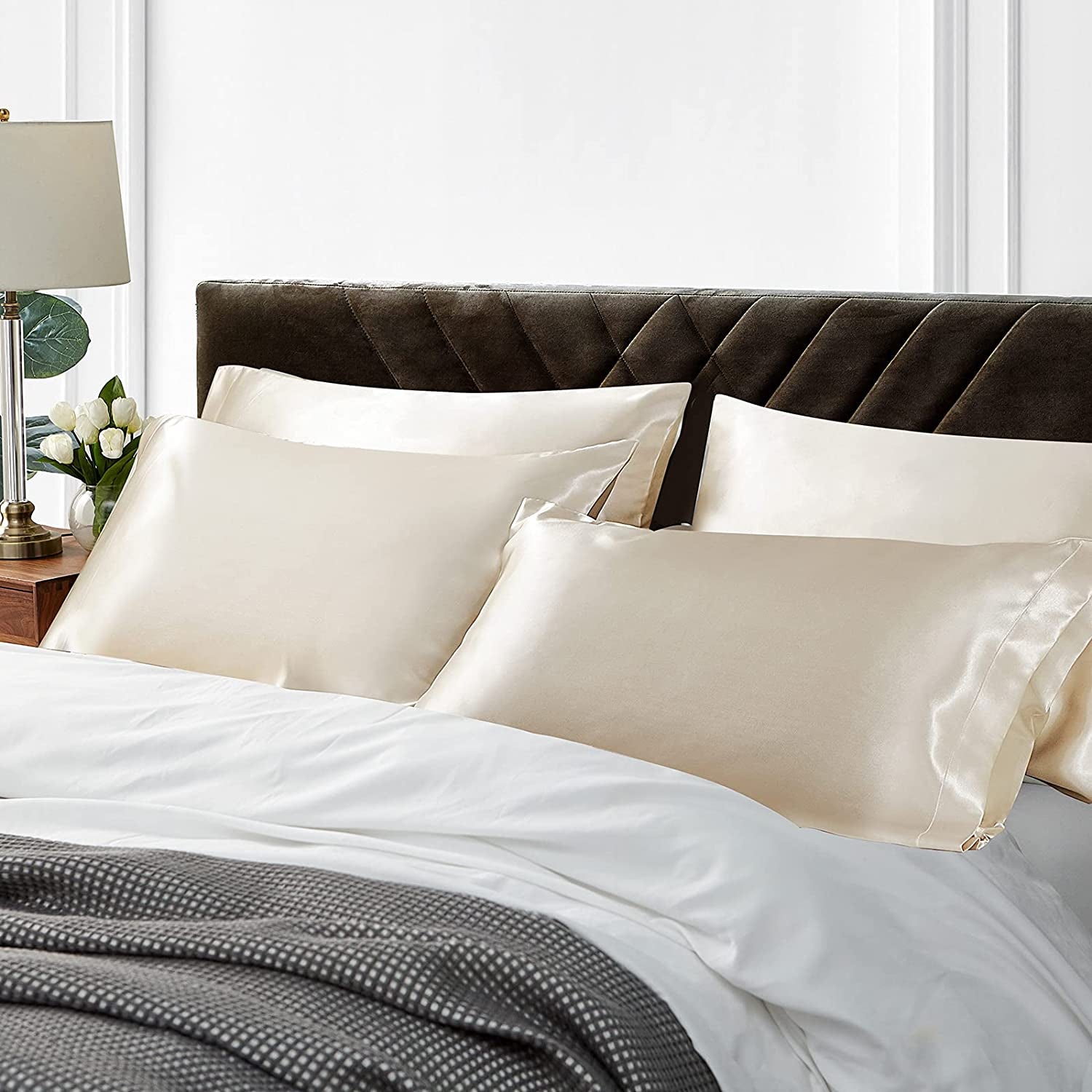 Queen Satin Pillowcase Set of 2 - Soft, Silk-like Pillowcases for Hair and Skin, Beige with Envelope Closure, 20x30 Inches - Timeless Beauty