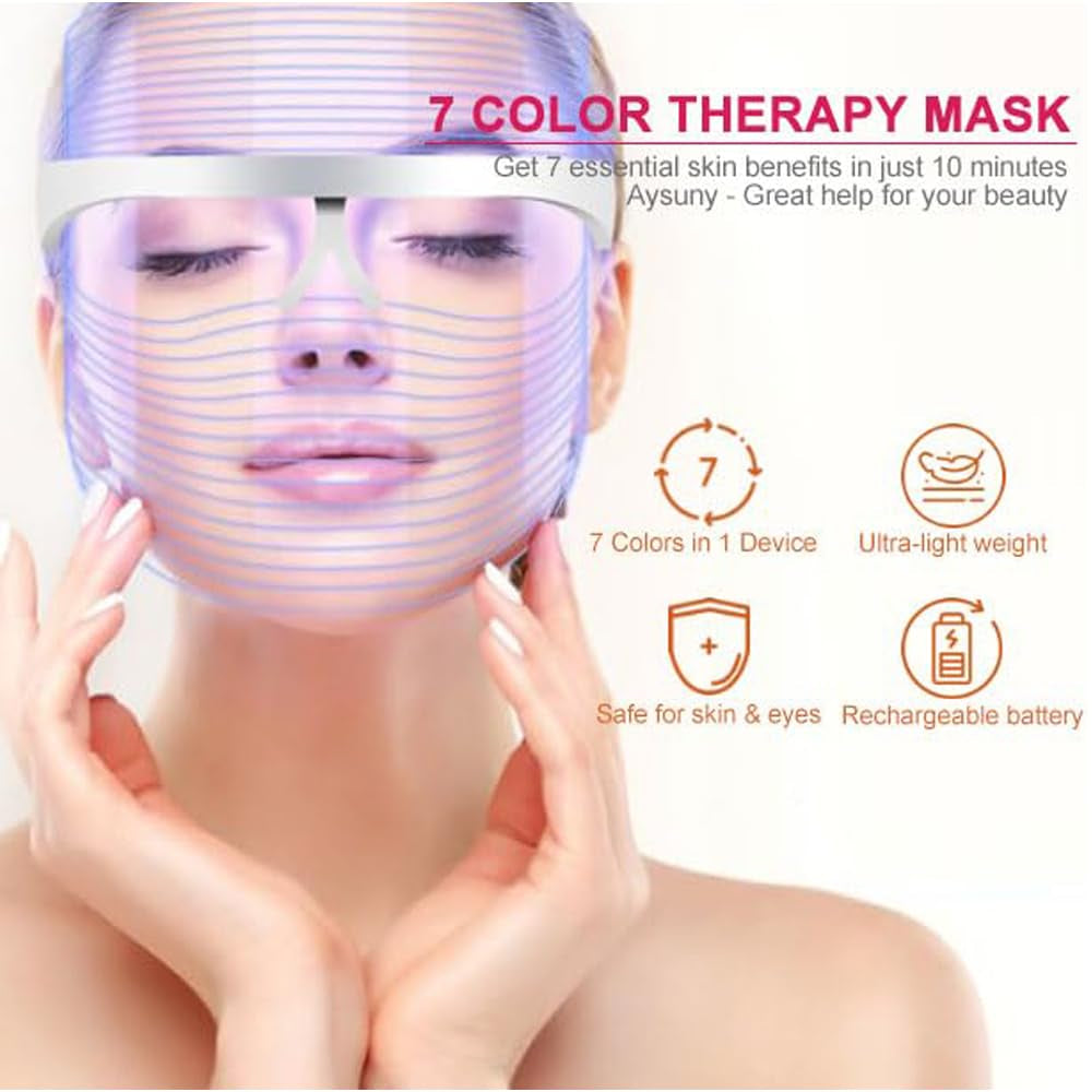 LED Face Mask Light Therapy, Ultra-Light Upgraded Red Light Therapy for Face, 7-1 Colors L E D Facial Skin Care Mask, 7 Colors Portable Rechargeable Skin Treatment Mask - Timeless Beauty