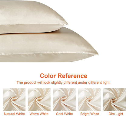 Queen Satin Pillowcase Set of 2 - Soft, Silk-like Pillowcases for Hair and Skin, Beige with Envelope Closure, 20x30 Inches - Timeless Beauty